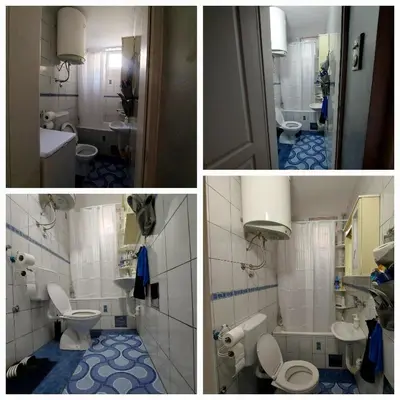 three pictures of a bathroom with two toilets and a sink at Glorry L in Belgrade