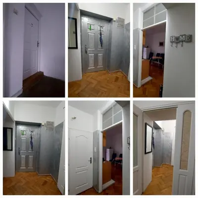 four different views of a room with white doors at Glorry L in Belgrade