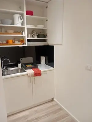 a kitchen with white cabinets and a sink at Senjak residence, apartment near Belgrade waterfront in Belgrade