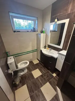 a bathroom with a toilet and a sink and a mirror at Panorama Beska in Beška