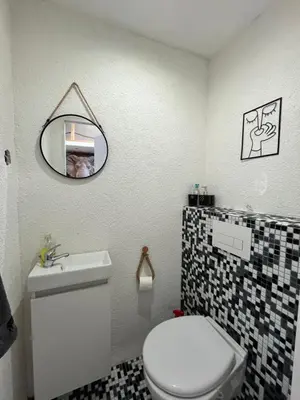 a bathroom with a white toilet and a mirror at Elephant House-Sd
