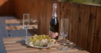 a bottle of wine and a plate of cheese and wine glasses at Avalska Bajka in Ripanj