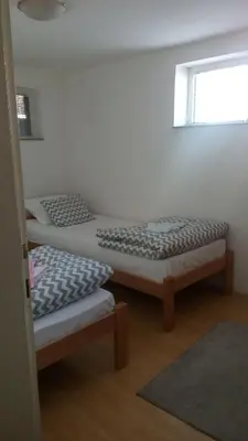 two beds in a room with a window at Apartment Vojinovic in Arandjelovac