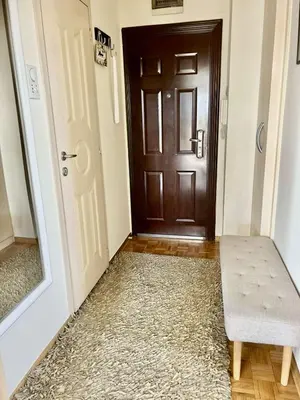 a hallway with a door with a rug and a bench at Apartment Perfetto in Belgrade