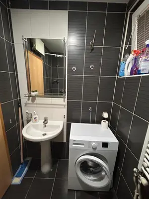 a bathroom with a washing machine and a sink at Centar stan na dan Ub in Ub