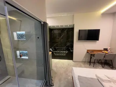 a bathroom with a shower and a table and a television at 1922 Downtown Apartments in Belgrade