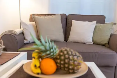 a plate of fruit on a table in front of a couch at Apartments Centro in Belgrade