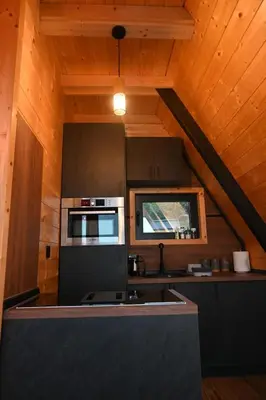 a kitchen with a stove and a sink in a cabin at A-Frame Wellness Villa with Private Pool, Sauna & Jacuzzi near Belgrade in Koraćica