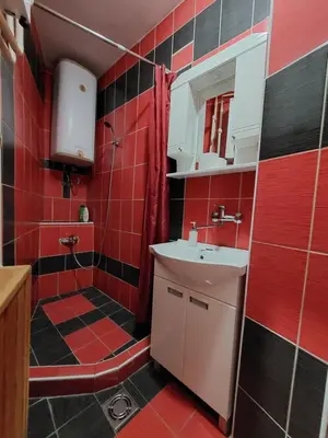 a red tiled bathroom with a sink and a shower at Bukoleon Apartment in Belgrade