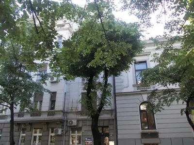 a white building with a tree in front of it at Bukoleon Apartment in Belgrade