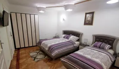 a bedroom with two beds and a tv in it at Bukoleon Apartment in Belgrade