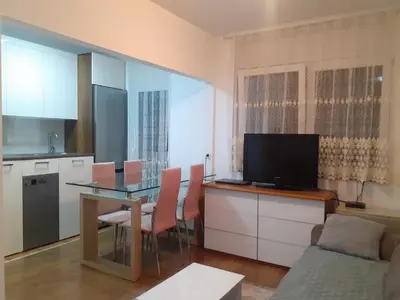 a kitchen with a table and chairs and a television at Batajnica centar in Belgrade