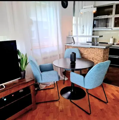 a living room with a table and chairs and a kitchen at BelMont Vračar in Belgrade