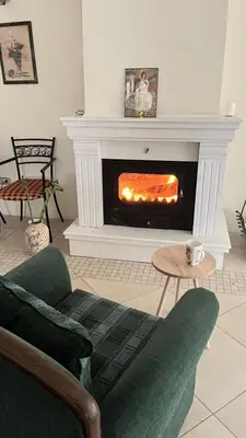 a living room with a fireplace and a couch at Vila Monika in Belgrade