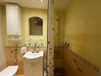 a bathroom with a sink and a shower at R&R apartment Medak 3 in Belgrade