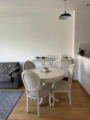 a dining room table and chairs in a living room at mir i harmonija in Belgrade