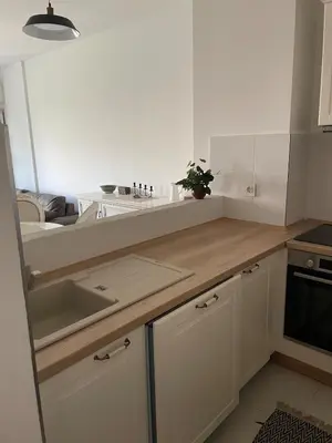 a kitchen with white cabinets and a sink at mir i harmonija in Belgrade