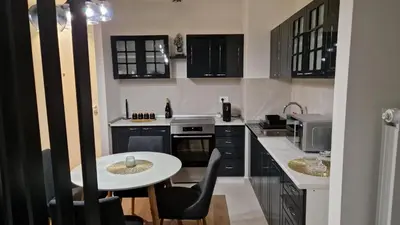a kitchen with a table and a small kitchen with black cabinets at Sava Lux in Sajmište