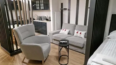 a living room with a couch and a chair at Sava Lux in Sajmište