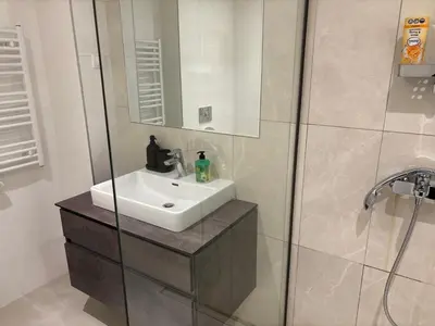 a bathroom with a sink and a shower at BW AQUA Joi Lux 2 Apartment in Belgrade