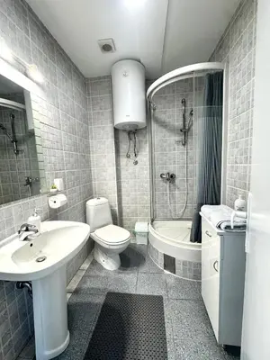 a bathroom with a sink and a toilet and a shower at Stan Na Dan - Mladenovac in Mladenovac