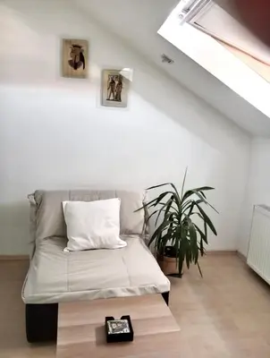 a white living room with a couch and a plant at Stan Na Dan - Mladenovac in Mladenovac
