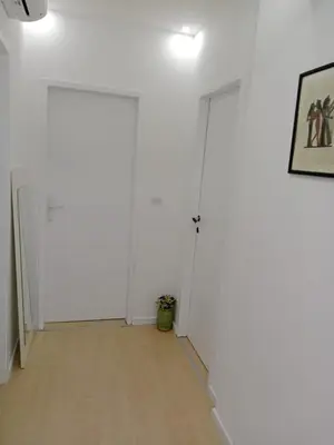 a hallway with white doors and a wooden floor at Stan Na Dan - Mladenovac in Mladenovac