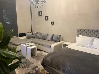 a living room with a bed and a couch at Okapi stays in Belgrade