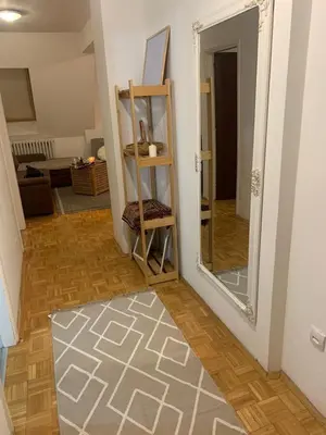 a living room with a mirror and a rug at Urban nest Slavija in Belgrade