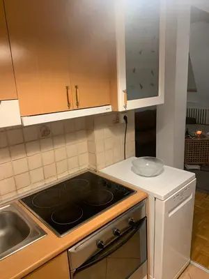 a kitchen with a stove top oven next to a sink at Urban nest Slavija in Belgrade