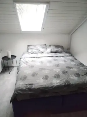 a bed in a white room with a window at Apartman M&D in Pančevo