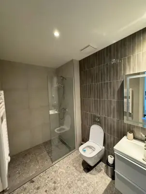 a bathroom with a shower and a toilet and a sink at Beograd na vodi VSLE in Belgrade