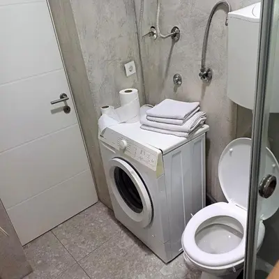 a bathroom with a washing machine and a toilet at Lela in Belgrade