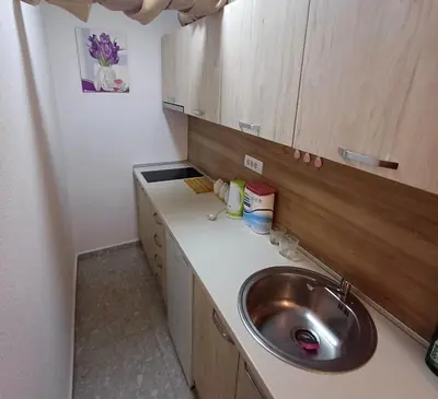 a small kitchen with a sink and wooden cabinets at Lela in Belgrade