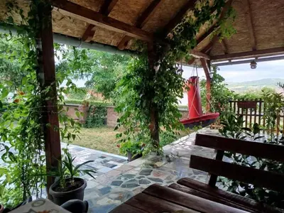 a patio with plants and a bench and a woman at Bukuljska kuća in Arandjelovac