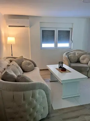 a living room with two couches and a coffee table at Vila Peščana Tišina in Banatski Karlovac