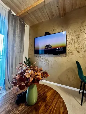 a living room with a tv and a vase with flowers at Taca House - Airport apartman in Surčin
