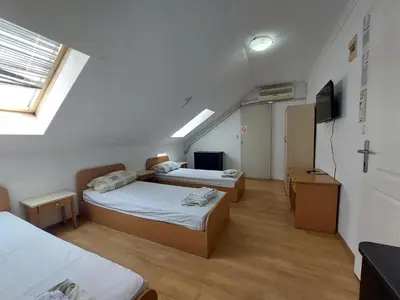a room with two beds and a television in it at Maja Rooms & Garden in Smederevo