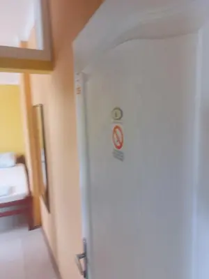 a white door with a no smoking sign in a room at Maja Rooms & Garden in Smederevo