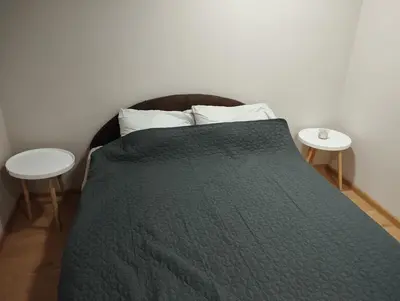 a bed with a green comforter and two tables at Miran San Apartment Belgrade in Mali Mokri Lug