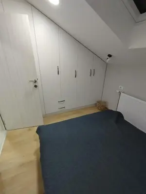 a room with white cabinets and a blue rug at Miran San Apartment Belgrade in Mali Mokri Lug