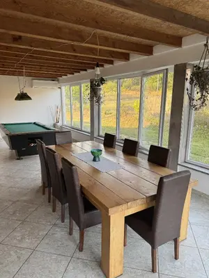 a dining room table with chairs and a pool table at Imanje Mihailovic in Pružatovac