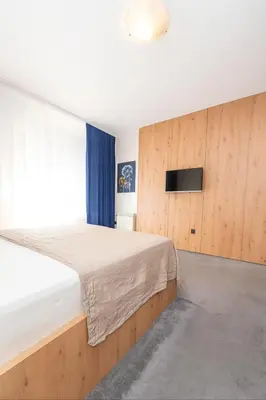 a bedroom with a large bed and a tv at Central Belgrade Apartments in Belgrade