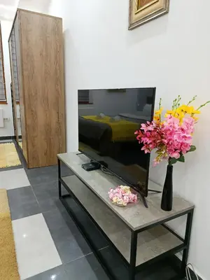 a living room with a tv and flowers on a table at Urban Garden Apartments - Iris in Belgrade