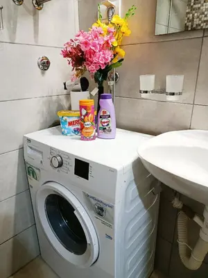 a washing machine with flowers on top of it in a bathroom at Urban Garden Apartments - Iris in Belgrade