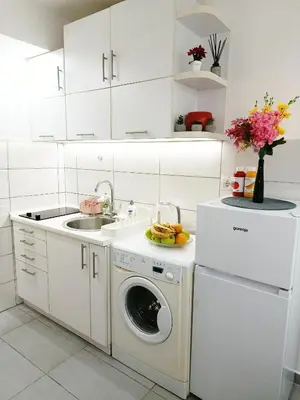 a white kitchen with a washing machine and a sink at Urban Garden Apartments - Sunflower in Belgrade