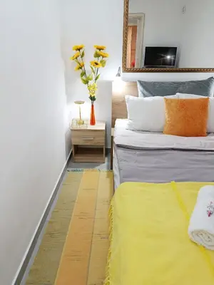 a bedroom with two beds and a yellow rug at Urban Garden Apartments - Sunflower in Belgrade