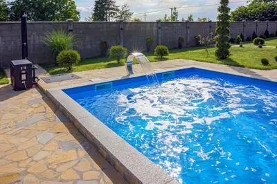 a pool with a water fountain in a yard at Vila Gospođica in Progar