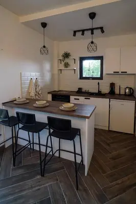 a kitchen with a table and chairs in it at Vila Gospođica in Progar