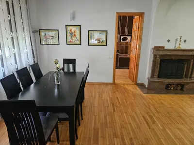 a dining room with a black table and a fireplace at Zora apartment in Belgrade